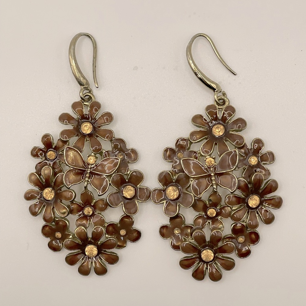 Flower & Butterfly Gold Brown small gem earrings